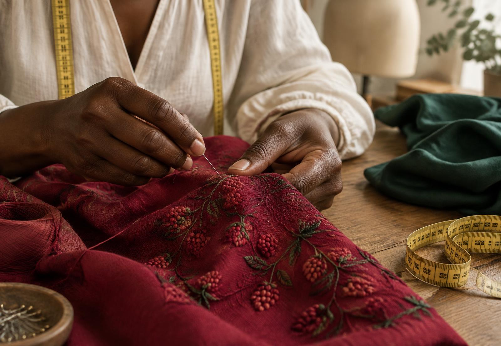 Mains d'une couturière brodant un tissu framboise, mètre ruban posé sur la table